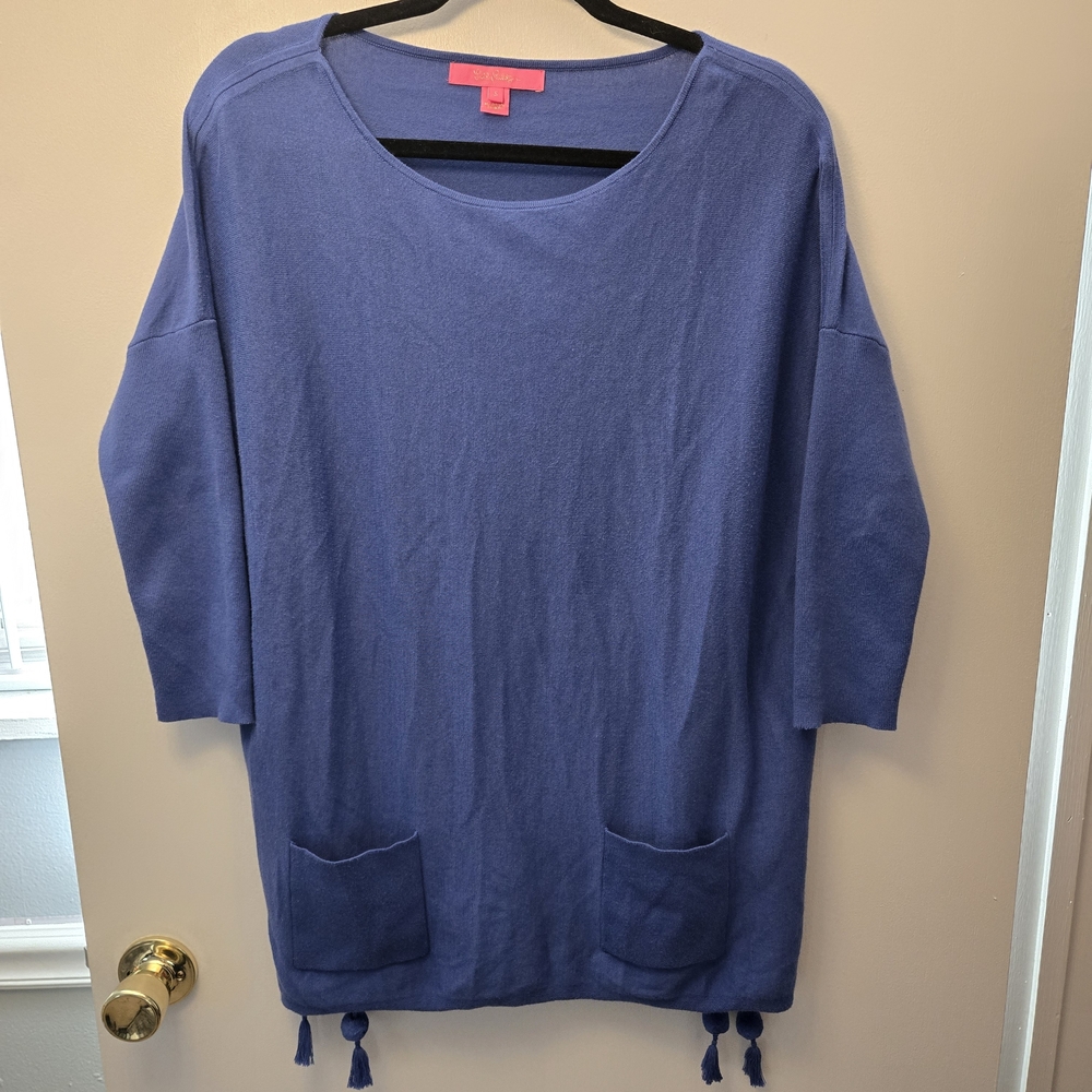Lilly Pulitzer Elba Coolmax Boxy Oversized Blue Tunic with Tassels